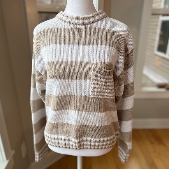 Vintage Sweaters - Vintage 90’s Nuggets Tan White Striped Cotton Cropped Sweater Size Large